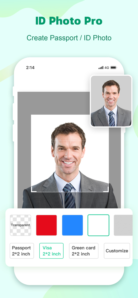 Apowersoft: Background Eraser - Mobile app interface for creating passport and visa photos with customizable backgrounds and document sizes.