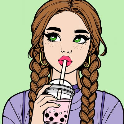 realistic girl with braided hair drinking boba