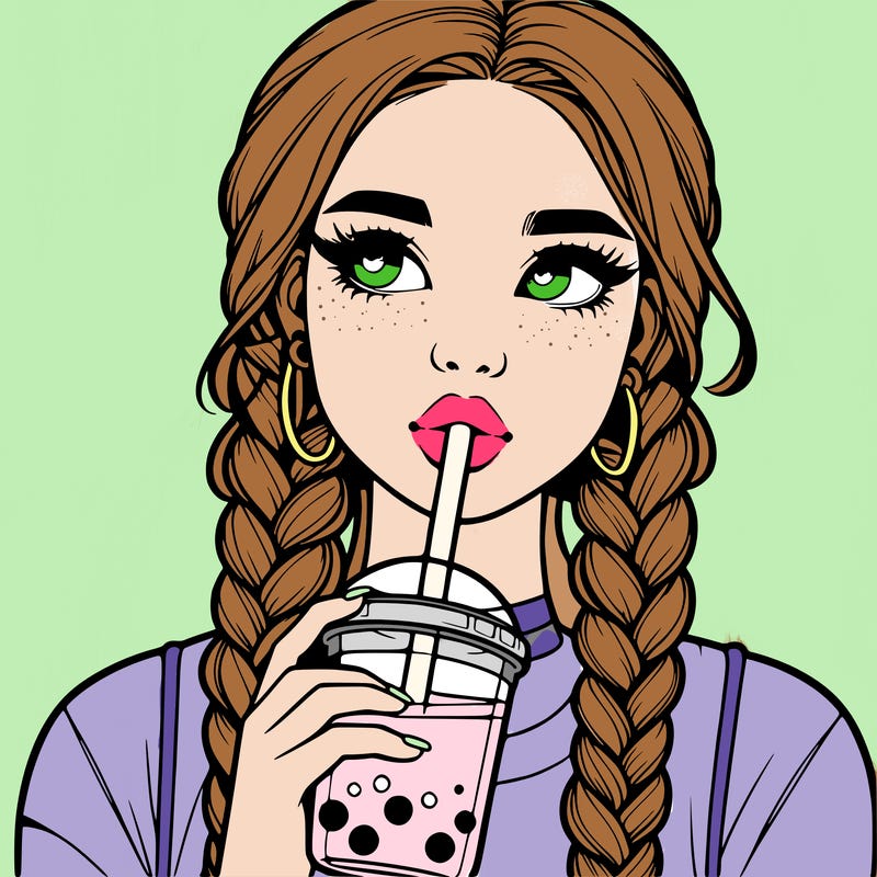 realistic girl with braided hair drinking boba
