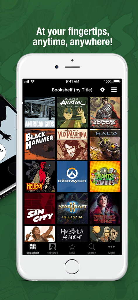 Dark Horse Comics app bookshelf on an iPhone showing various digital comic titles like Hellboy and Avatar