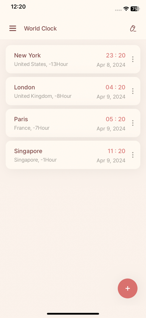 CalcBox -All in One Calculator - World clock interface in CalcBox showing current times for New York, London, Paris, and Singapore.