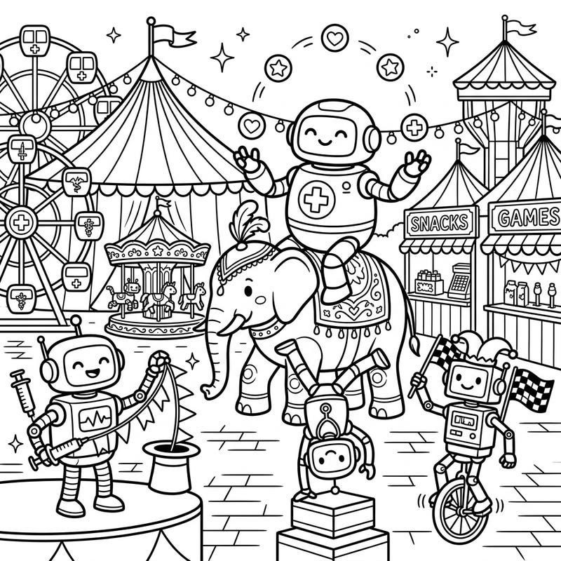 Step right up to a one-of-a-kind carnival experience where medical robots take center stage! This delightful coloring page combines the fun of the fair with the fascinating world of futuristic helpers, inviting you to bring their playful antics to life with your favorite hues.
