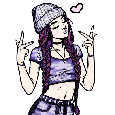 realistic teenage girl with braids and a beanie and crop top doing 🫶🏼