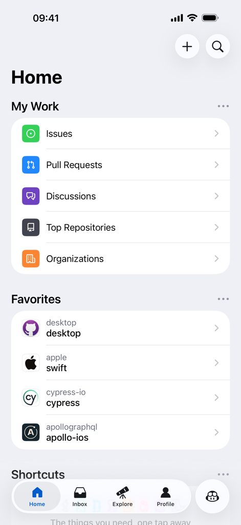 A tela inicial do aplicativo GitHub iOS exibindo seções para Meu Trabalho, Favoritos e atalhos de navegação.