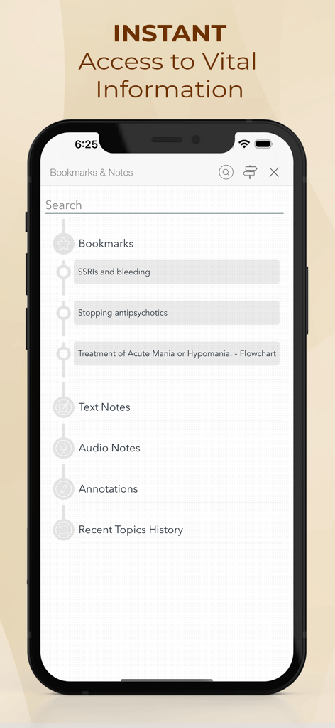Maudsley Prescribing Guideline App Oberfläche, die klinische Lesezeichen und medizinische Notizen anzeigt