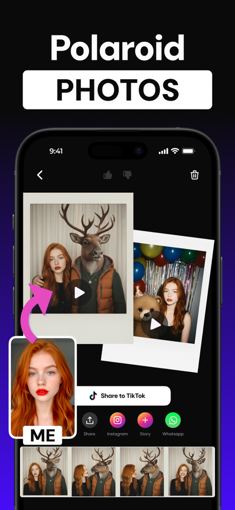 Boom AI app interface showing how to turn a photo into a Polaroid style video with options to share to TikTok and Instagram