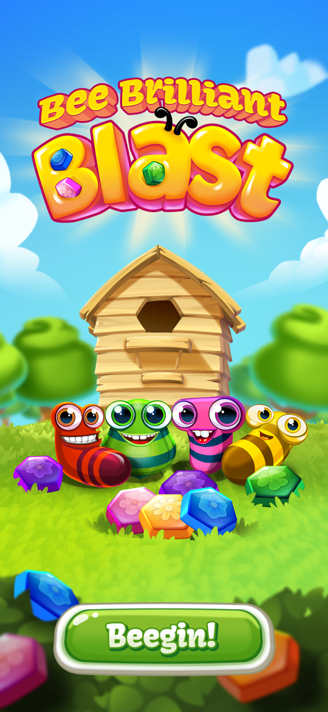 Bee Brilliant Blast - Title screen for Bee Brilliant Blast featuring cute bugs and a beehive