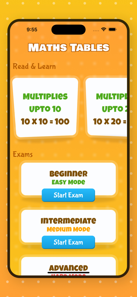 Maths Multiplication Table - Menú principal de la aplicación Tabla de Multiplicar Matemáticas mostrando opciones para aprender y hacer exámenes de multiplicación en diferentes modos de dificultad.