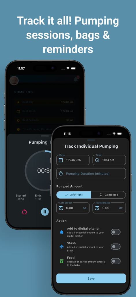 My Milk Stash: Pumping tracker - My Milk Stash App-Oberfläche, die einen Pump-Sitzungs-Timer und ein detailliertes Protokoll für einzelne Muttermilch-Pumpvorgänge anzeigt.