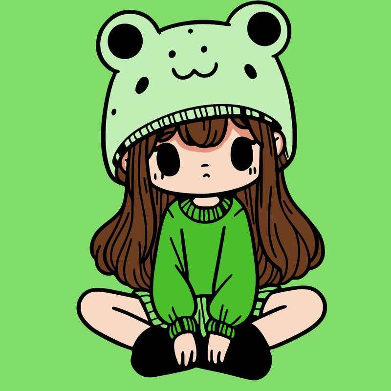 a girl wearing a frog hat and some frog socks
