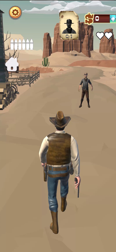 Wild West Cowboy Redemption - Un personaje vaquero camina hacia un forajido en un paisaje desértico con iconos de interfaz del juego.
