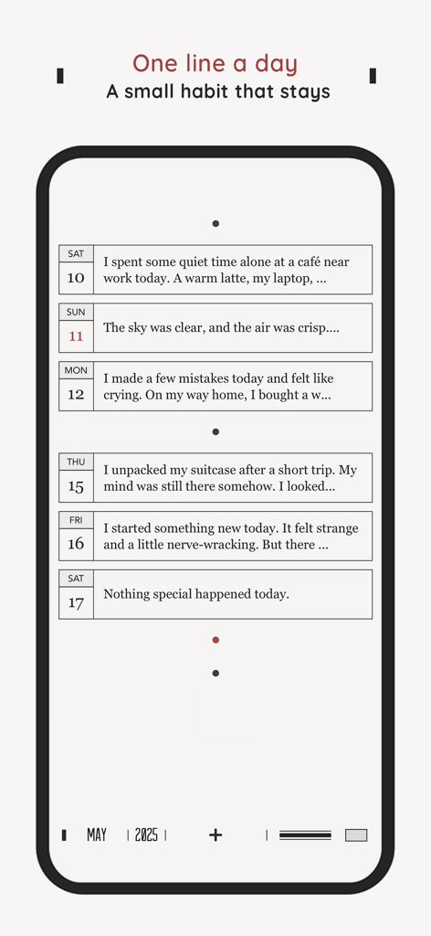 DayGram - One Line a Day Diary - Minimalist monochrome interface of DayGram app showing daily journal entries