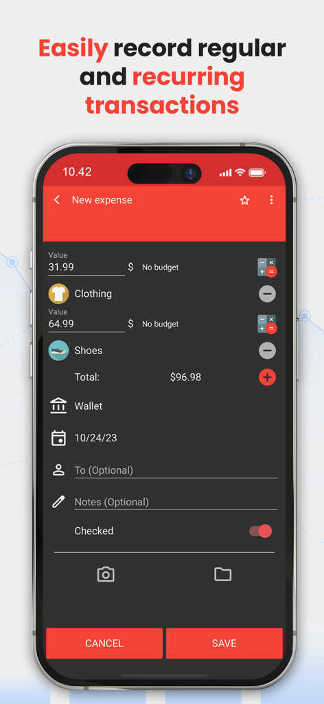 Fast Budget - Expense Manager - Fast Budget app interface for recording new expenses and transactions