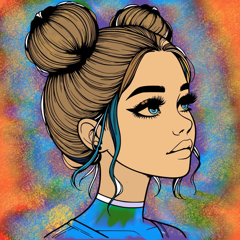 realistic girl with buns on the top of her head