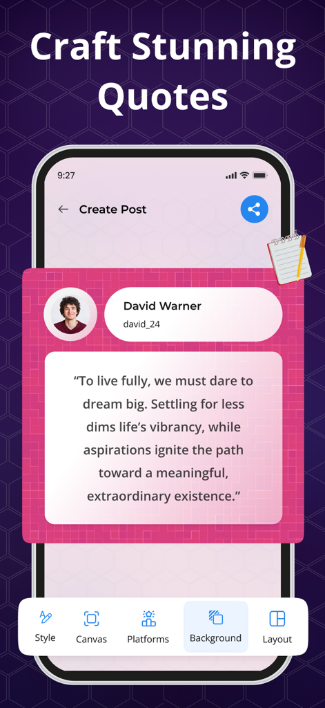 Quotes Maker app interface showing how to create and customize motivational quote posts for social media.