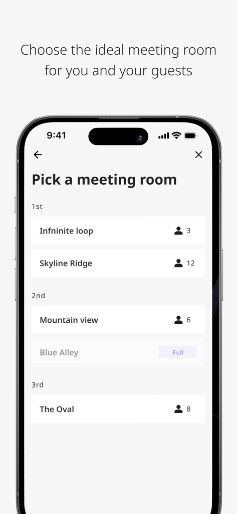 Joan Workplace - Joan Workplace app screen for selecting a meeting room with name and person capacity