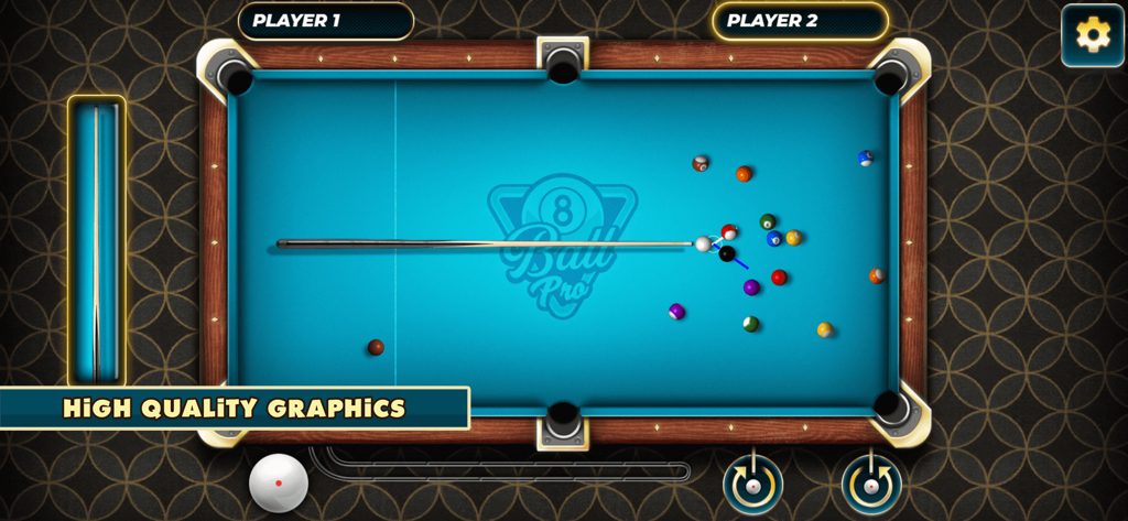 A top down view of Eight Ball Pool Pro showing a blue billiard table with pool balls and a cue stick.