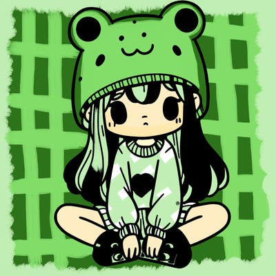 a girl wearing a frog hat and some frog socks