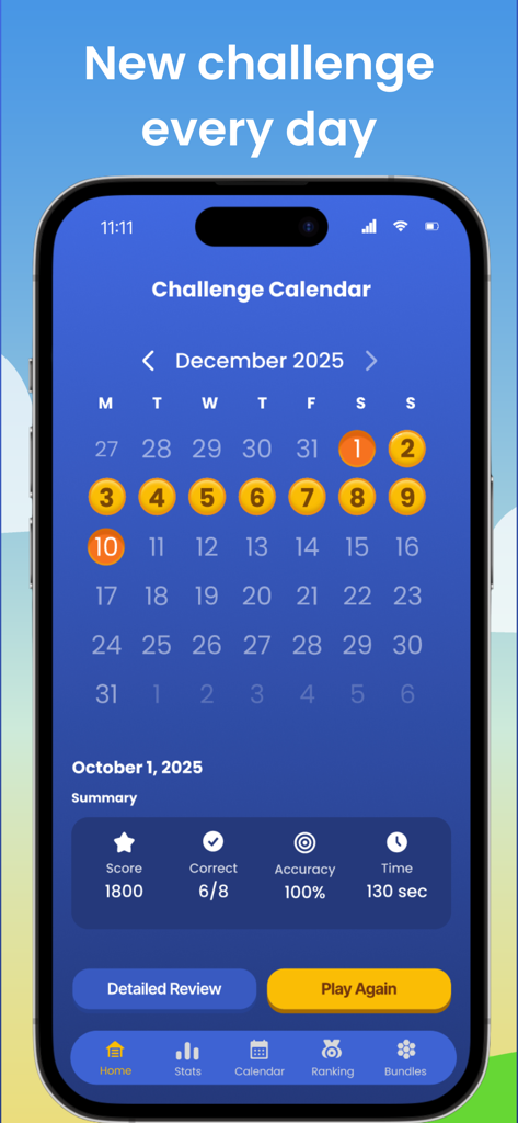 Beehive: Word Puzzle Challenge - Beehive App-Oberfläche mit einem monatlichen Herausforderungskalender und einer Zusammenfassung der täglichen Rätselleistung mit Punktzahl und Genauigkeitsstatistiken