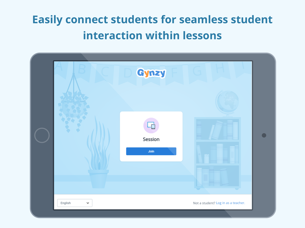 Application Gynzy sur un iPad affichant l'écran de connexion à la session pour que les élèves se connectent aux leçons interactives en classe