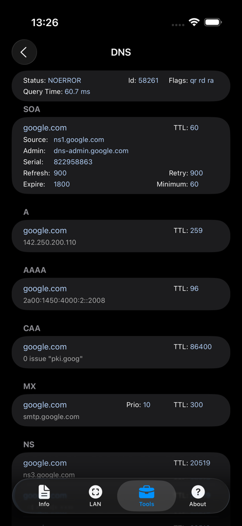 DNS lookup results for google.com in the Network Analyzer app showing various network records