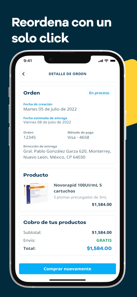 Vitau - Farmacia Digital - Vitau digital pharmacy app screen showing order details and a one-click reorder button for medications.