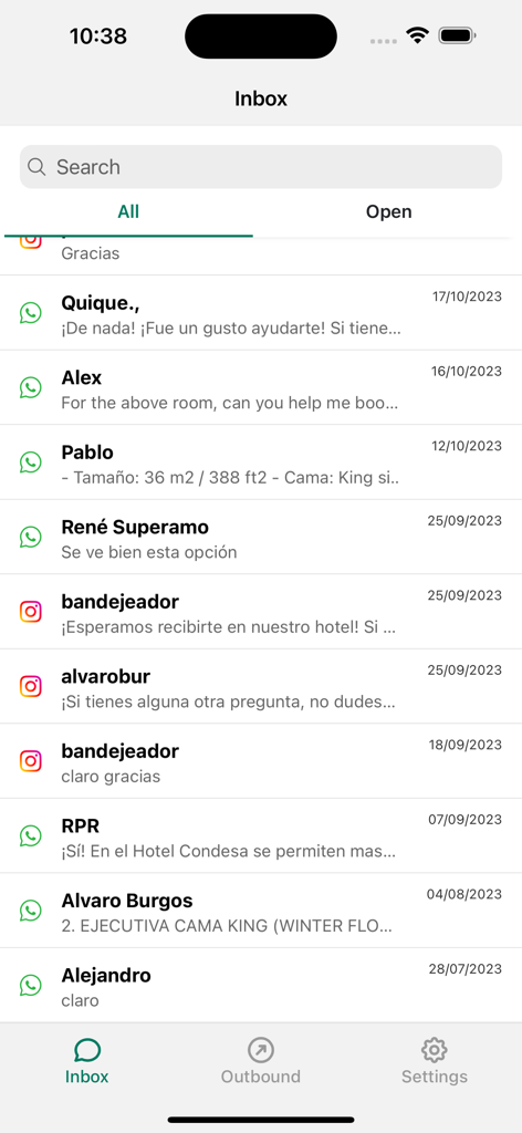 Visito AI centralized inbox showing a list of guest messages from WhatsApp and Instagram platforms