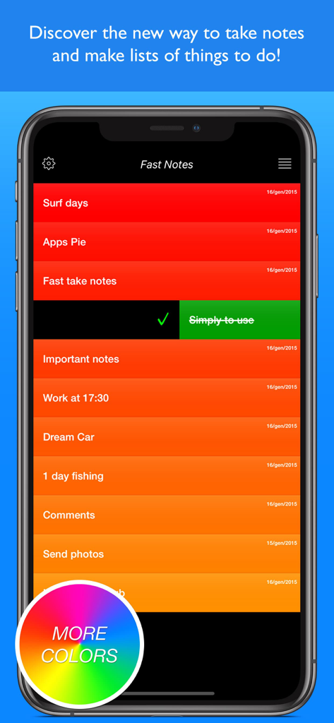 Fast Notes Pro ,Memo and lists - Screenshot of Fast Notes Pro app showing a colorful list of notes with a gesture based checkmark feature and color picker