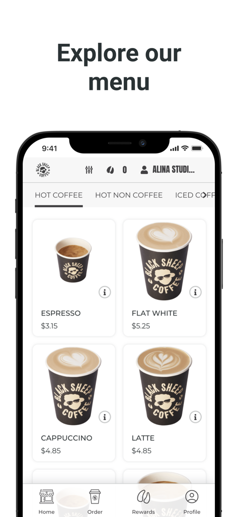 Black Sheep Coffee US - Smartphone screen showing the Black Sheep Coffee US app menu with options for Espresso, Flat White, Cappuccino, and Latte