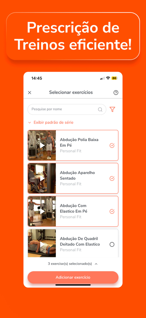 Personal Fit - Interface of the Personal Fit app showing a list of exercise videos for a trainer to select and prescribe to a client.