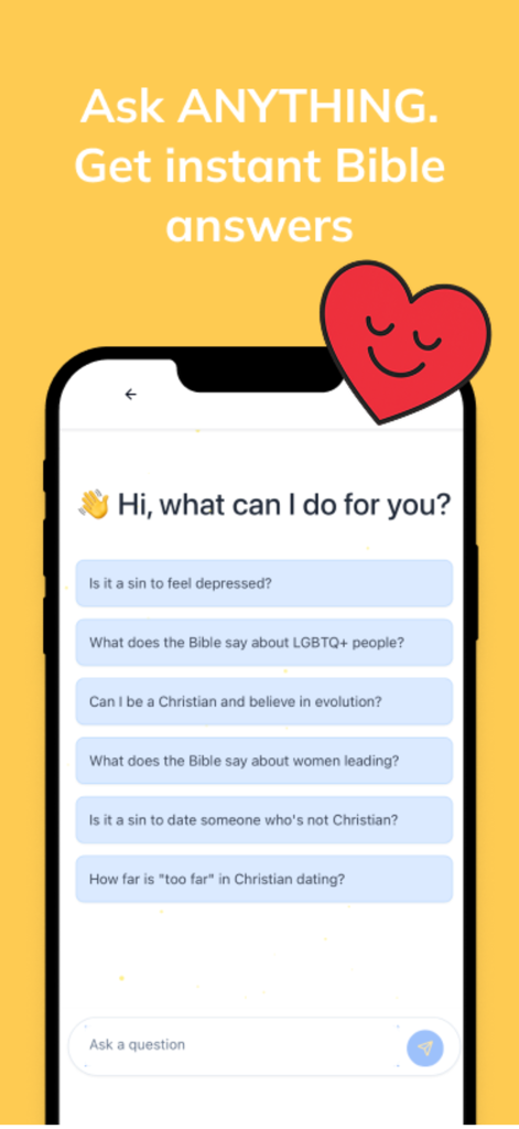 Daily Bible: Chat & Study - Interfaz de chat de la aplicación Biblia Diaria mostrando preguntas de ejemplo sobre fe y vida moderna