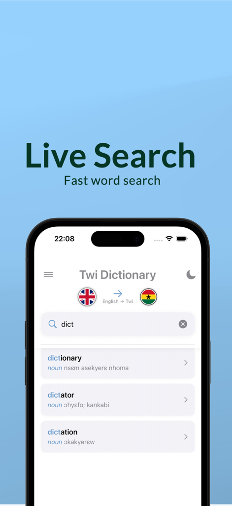 Twi Dictionary app interface showing live search results for English to Twi translations