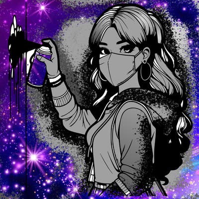 realistic girl with mask spray painting a wall