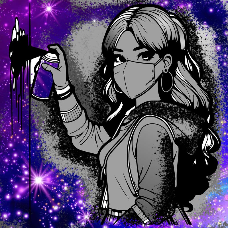 realistic girl with mask spray painting a wall