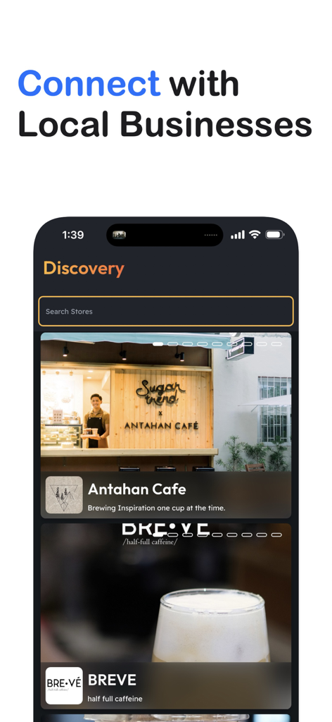 Mobile app screen for Hi Perks showing local business discovery and gallery.