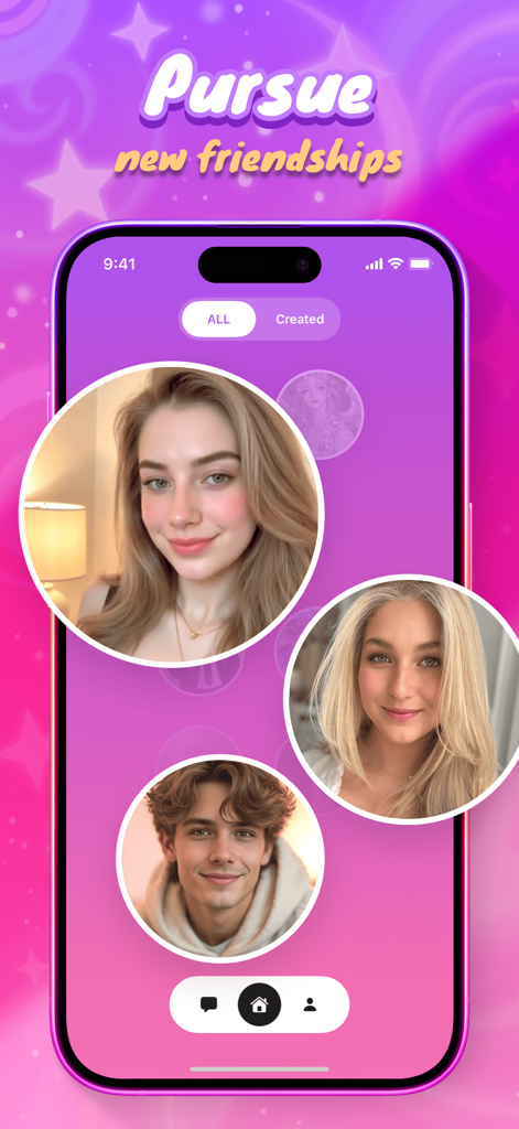 Kado: Chat & Be Yourself - Un smartphone mostrando la interfaz de la aplicación Kado con varios perfiles de personajes de IA y el texto busca nuevas amistades