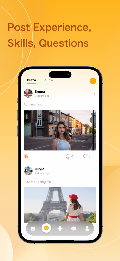 PolyChat - Chat with Natives - PolyChat app Plaza screen displaying user posts with photos and community interactions