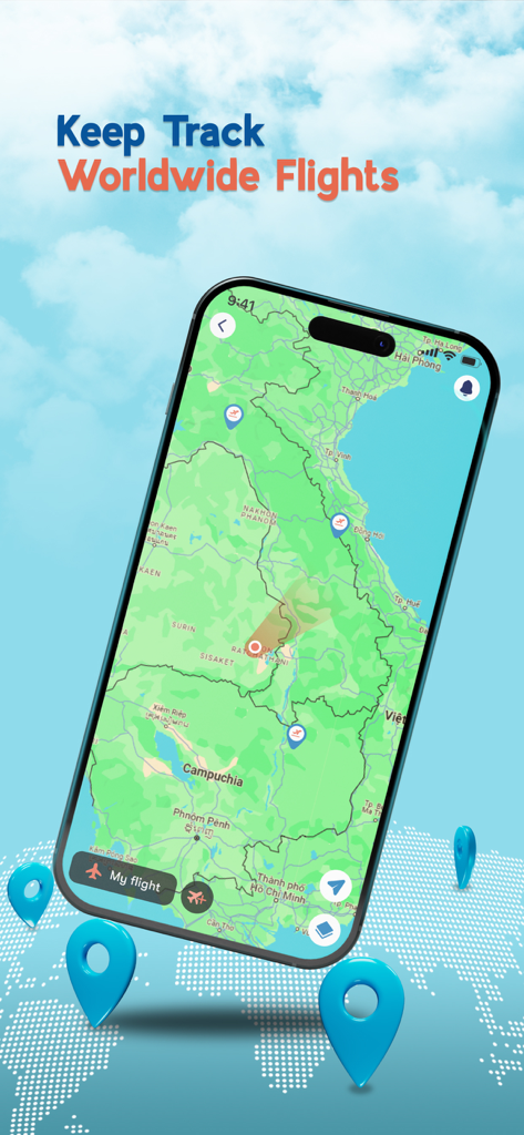 Flight Tracker - Air Traffic - Smartphone screen showing real time flight tracking on a world map
