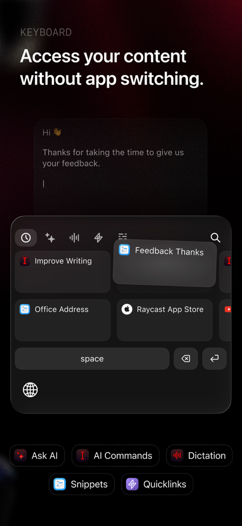 Extension de clavier personnalisée de Raycast pour iOS montrant un accès rapide aux snippets et aux commandes IA.