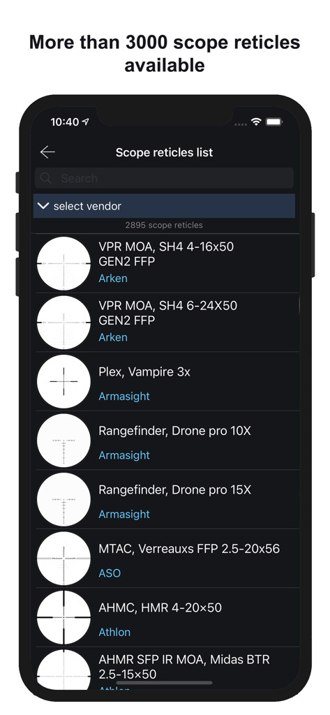 Stadiametric Rangefinder - A mobile interface from the Stadiametric Rangefinder app displaying a searchable list of over 3000 scope reticles from brands like Arken and Athlon.