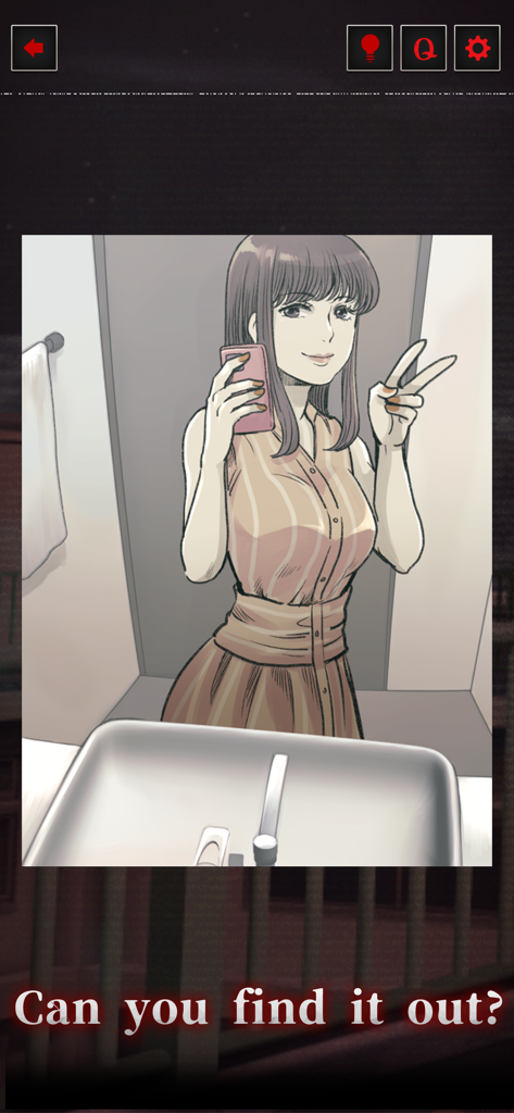 Fridge Horror Game - An anime woman taking a selfie in a bathroom mirror in a horror puzzle game.