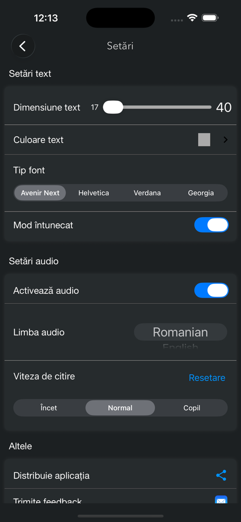 Biblia Cornilescu - Settings menu of the Biblia Cornilescu app showing text customization and audio options in dark mode.