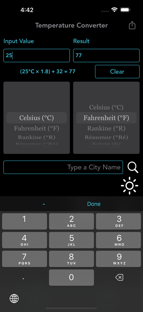 Digital Temperature Converter - Interfaccia dell'app Digital Temperature Converter che mostra una conversione da Celsius a Fahrenheit con la formula matematica