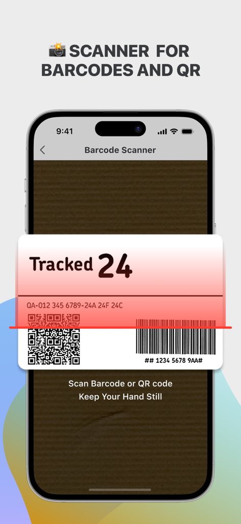 Mobile app screen showing a barcode and QR code scanner for package tracking