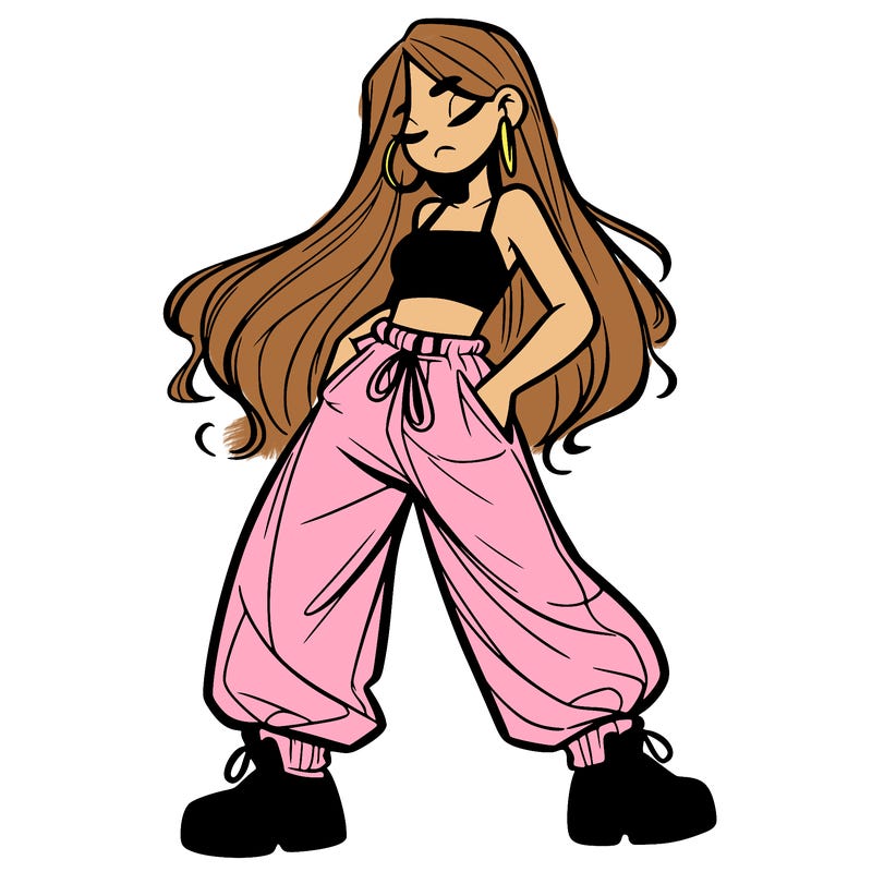 girl in baggy pants crop top and long hair
