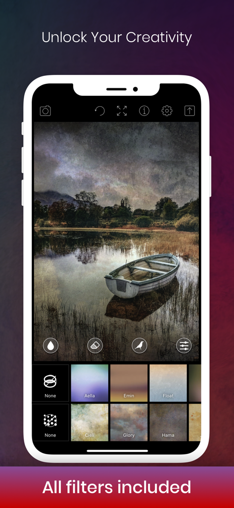 Distressed FX : Plus - User interface of Distressed FX Plus app showing artistic textures applied to a landscape photograph