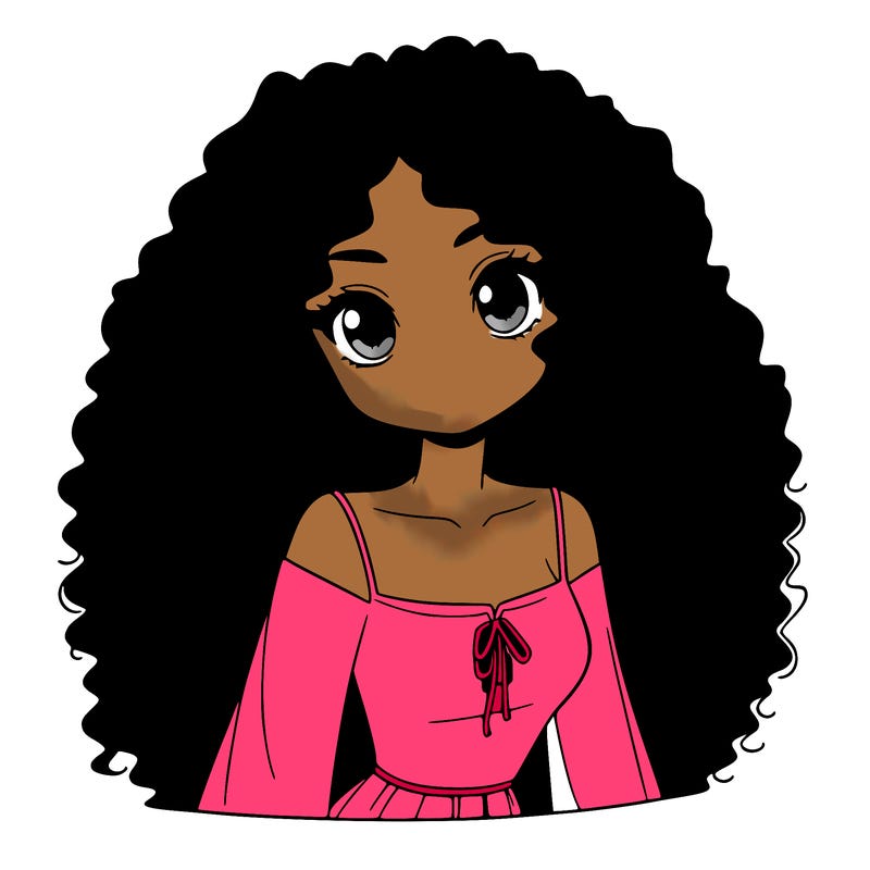 a black anime girl with long afro hair