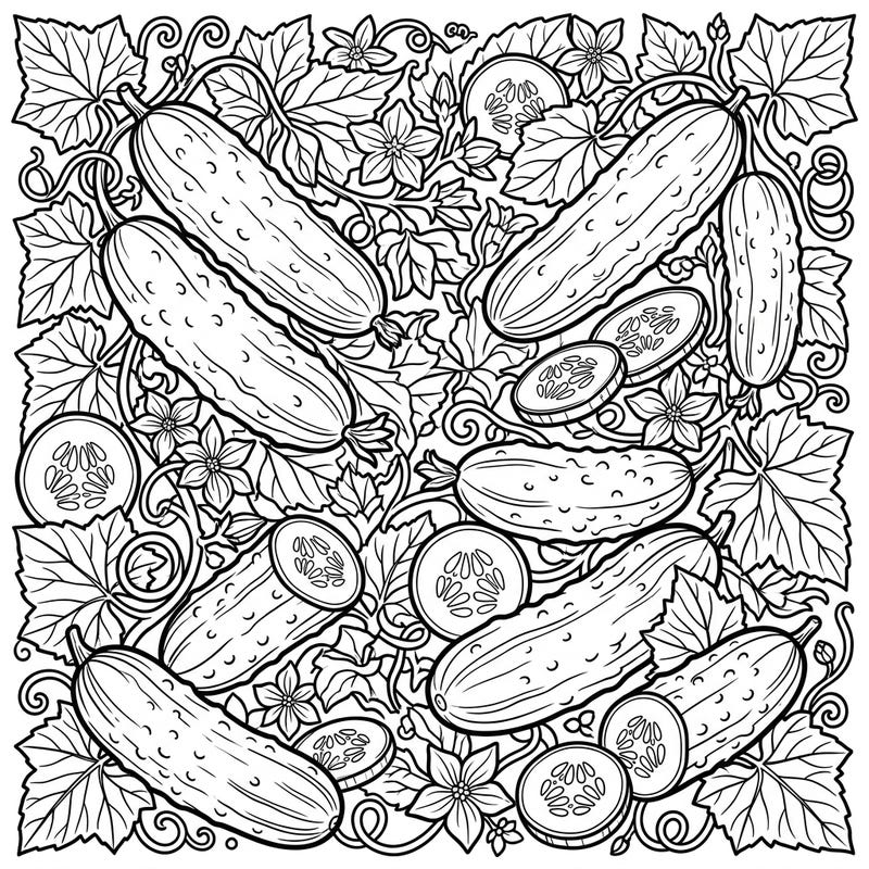 Immerse yourself in the crisp beauty of a cucumber garden with this detailed coloring template. Featuring an abundance of whole and sliced cucumbers amidst lush foliage, it offers a refreshing and engaging creative escape.