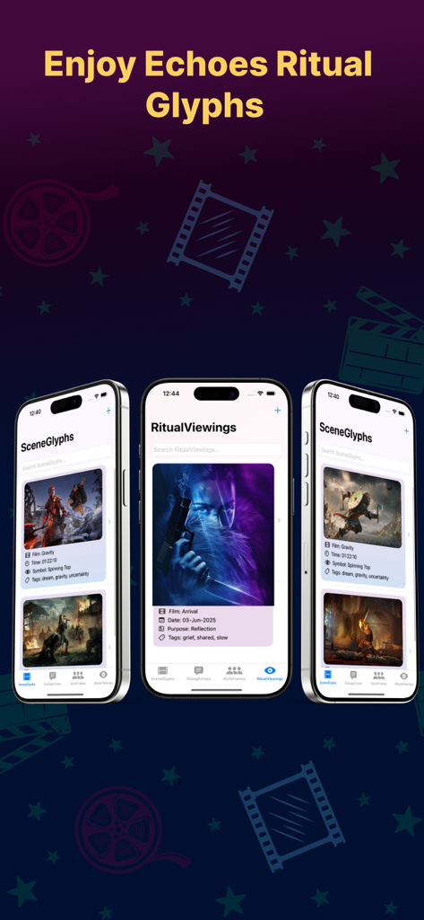 Three iPhones displaying Webstream app features for logging film motifs and ritual viewings