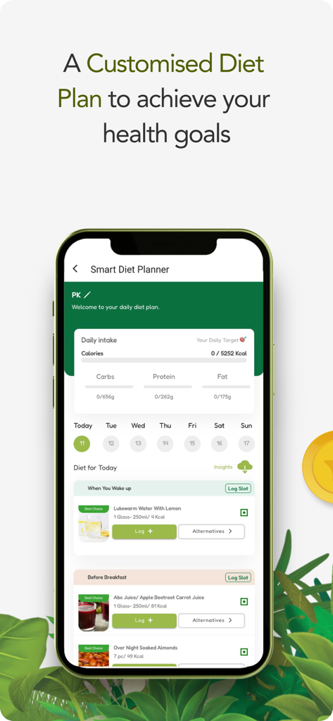 Kapiva mobile app interface showing a customized diet planner with daily calorie and nutrient tracking for health goals.